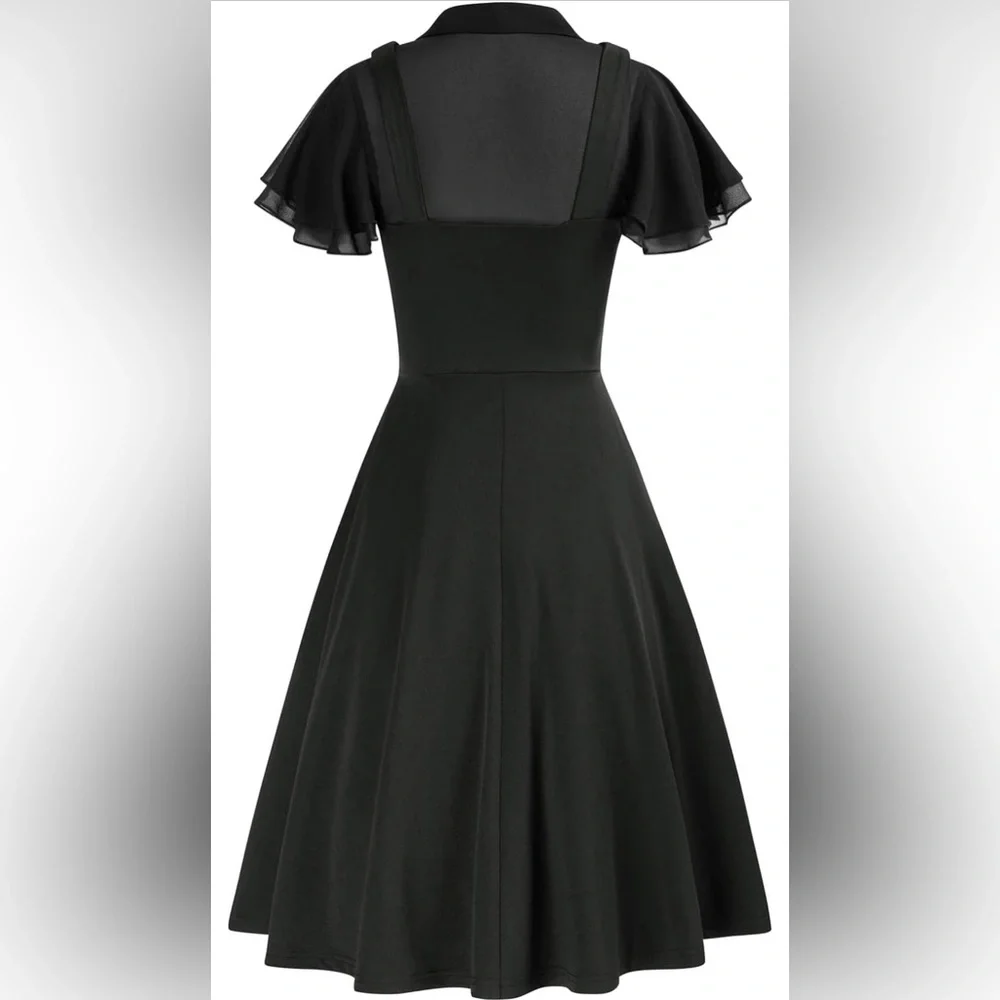 Scarlet Darkness Womens Goth Dress Mesh Flutter Sleeve Skater Dress with Pockets - Picture 1 of 14